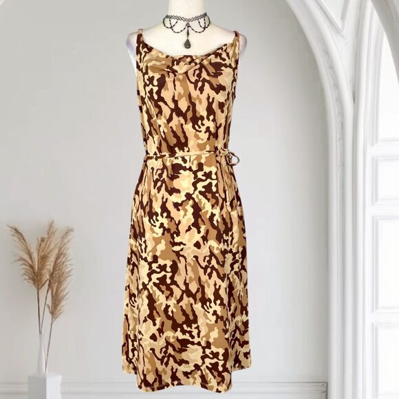 Early 2000s Euro Slinky Cream Brown Tan Animal Print Boho Cowl Neck Midi Dress M - Picture 1 of 8